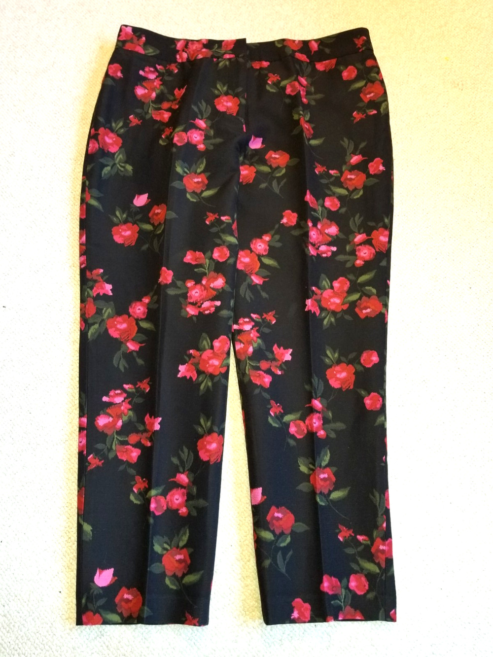 Womens Pants-TALBOTS-black/pink floral cotton/silk slim ankle "Heritage"-14